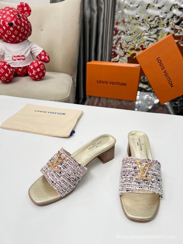 2025 Women Louis Vuitton Pink White Tweed Leather Heeled Mules LY00220
