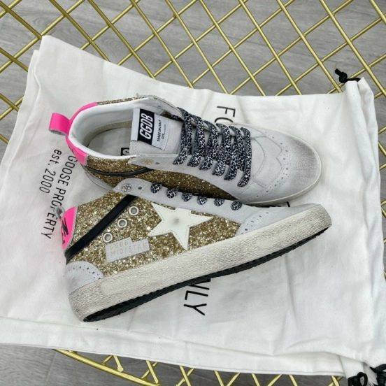 2024 Women GGDB Gold White Leather Glitter High Top Sneakers MJ015AM