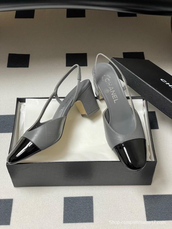 2025 Women Chanel Grey Black Leather Sling-back Heel