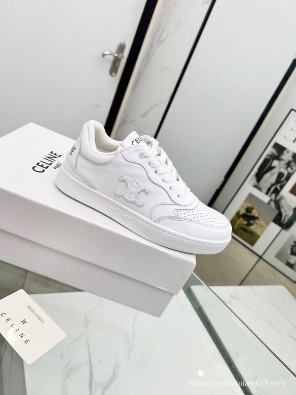 2025 Women Celine White Leather Sneakers Block Triomphe KFY00260