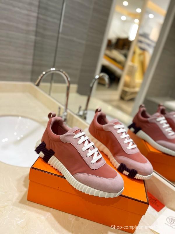 2024 Women Hermès pink beige suede mesh sneakers MJ00320