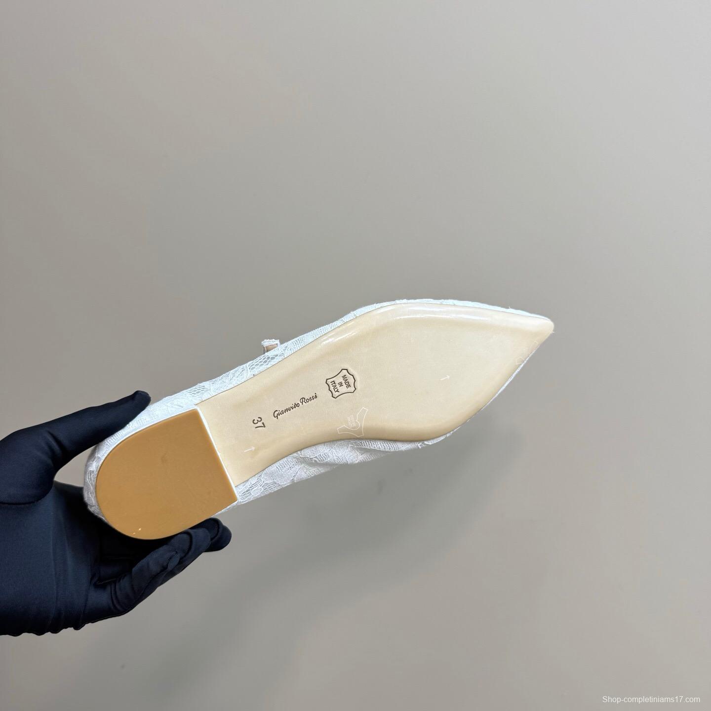 2025 Women Gianvito Rossi White Lace Leather Low Heel Ballerina KFY00260