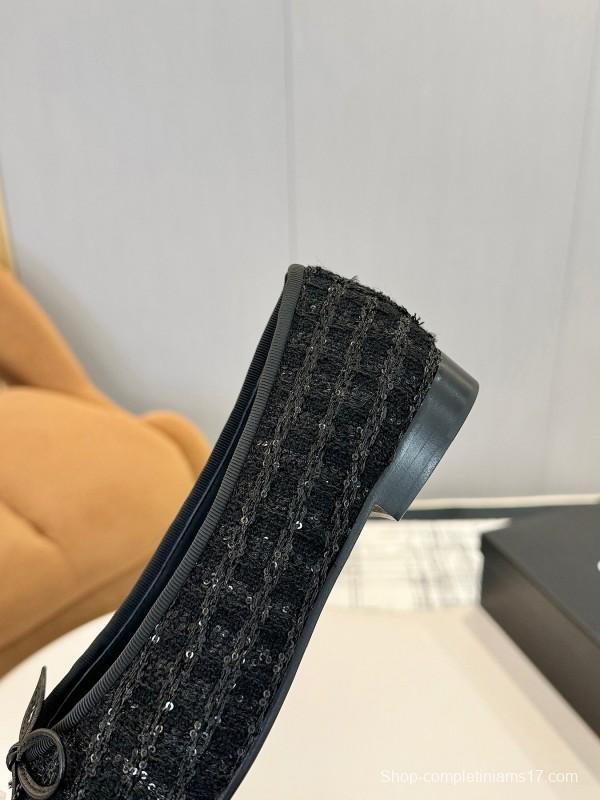 2025 Women Chanel Black Wool Ballet Flats LY00250
