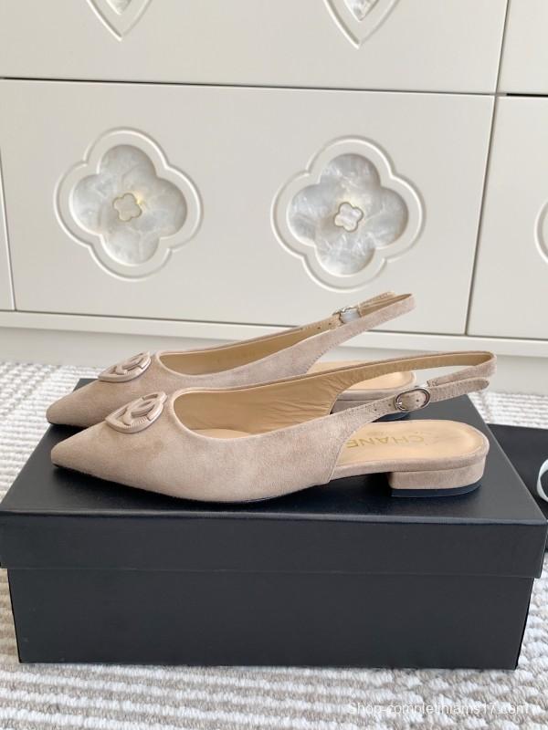 2025 Women Chanel Beige Suede Slingback Heart Logo KFY00300
