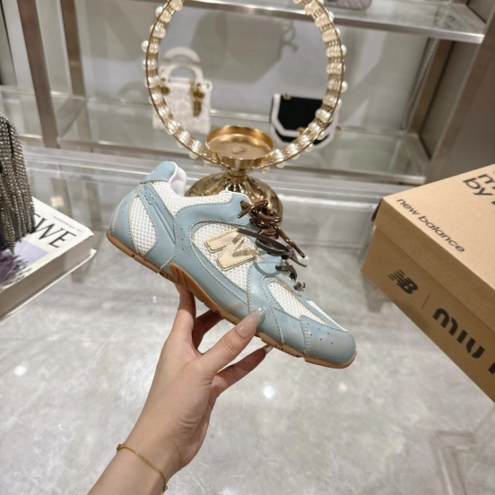 2025 Women Miumiu Light Blue White Leather Mesh Sneakers