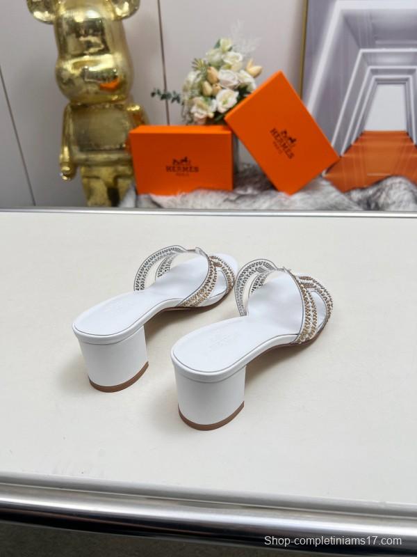 2025 Herme* White Leather Slippers Classic H Pattern MJ00180/215