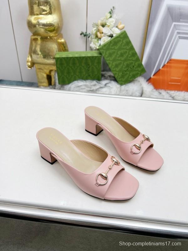 2025 Women Gucci Pink Leather Block Heel Mules MJ00180