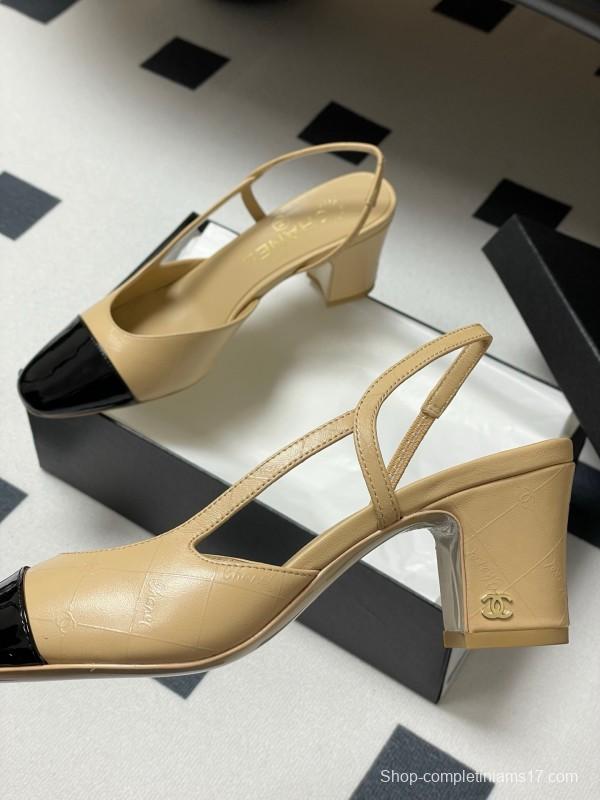 2025 Women Chanel Beige Black Leather Sling-back Classic Heel