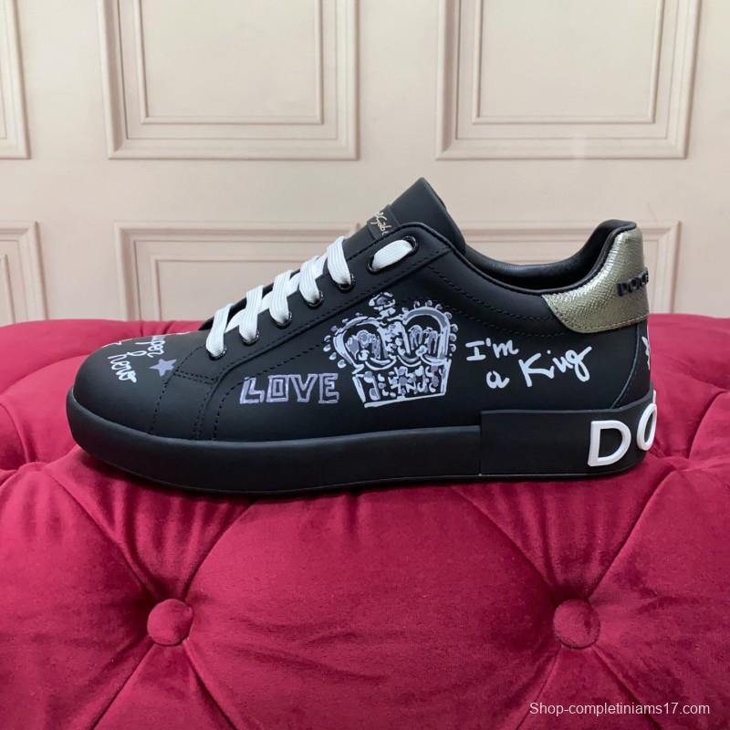 2025 Men Dolce & Gabbana Black Silk Leather Sneakers Crown Embellishment LY00360