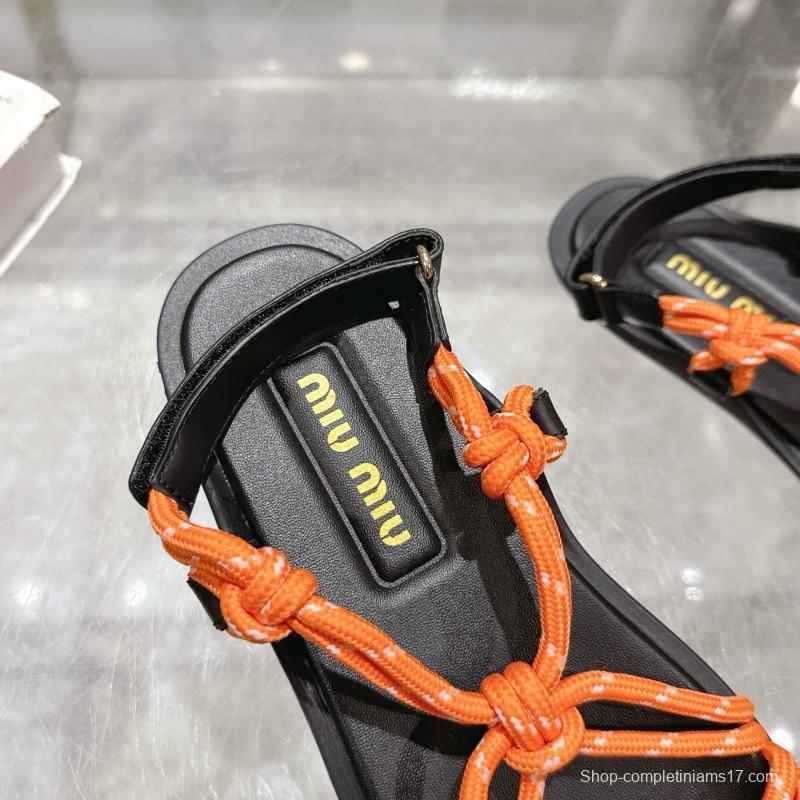 2025 Women Miu Miu Orange Black Rope Leather Sandals