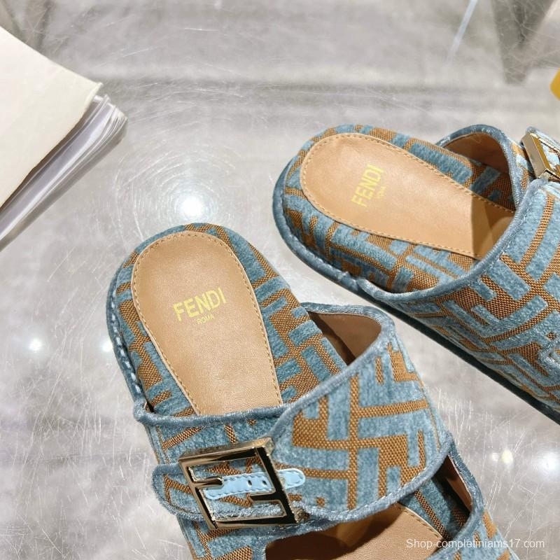 2025 Fendi Blue Beige Jacquard Fabric Slippers Buckle MJ00230