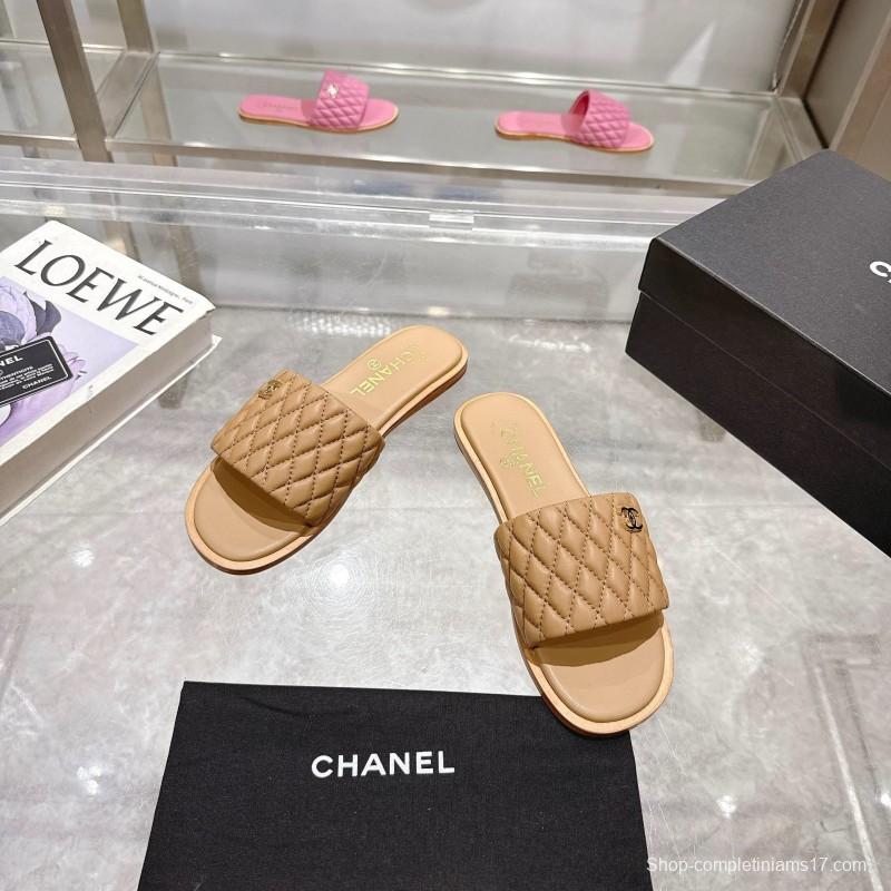 2025 Women Chanel Beige Lambskin Slippers LY00240