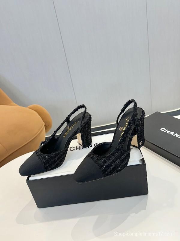 2025 Women Chanel Black Fabric Leather Slingback Heels