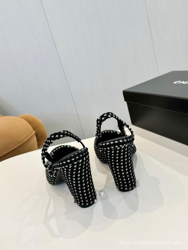 2025 Women Chanel Black White Tweed Leather Slingback Pumps
