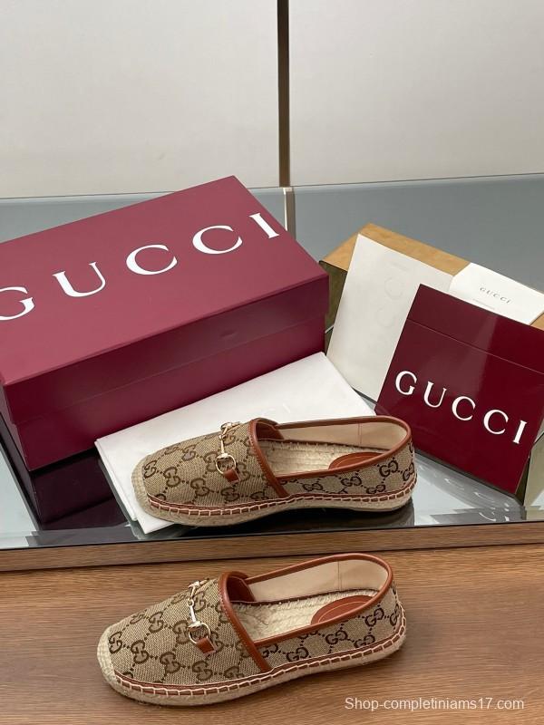 2025 Women Gucci Brown Canvas Leather Loafers Horsebit LY00200