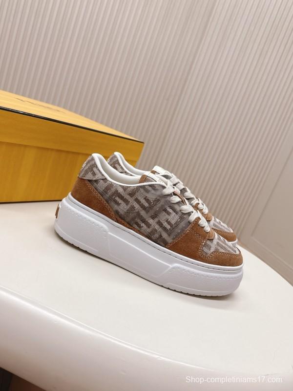 2025 Women Fendi Brown Beige Leather Mesh Sneakers LY00340