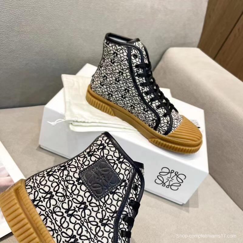 2025 Women Loewe Black White Canvas Rubber High Top Sneakers LY00291