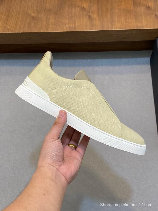 2024 Men Ermenegildo Zegna Beige PELLETESSUTA Calfskin Sneakers Elastic Detail MJ00280