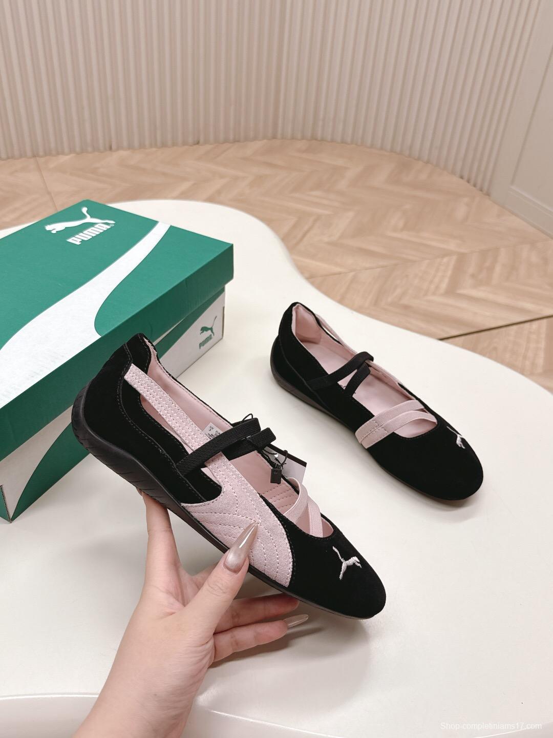 2025 Women PUMA Pink Black Suede Leather Ballet Flats LY
