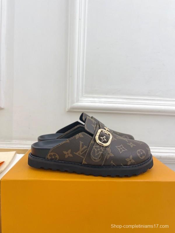 2025 Women Louis Vuitton Brown Leather Slippers Monogram KFY00300