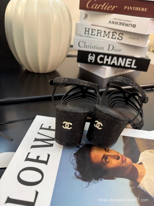2025 Women Chanel Black Leather Sandals KFY00289