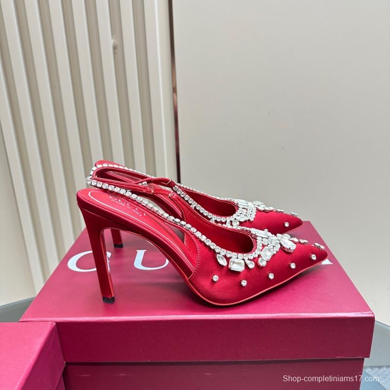 2025 Women Gucci Red Silk Rhinestone Embellished Heels KFY00340