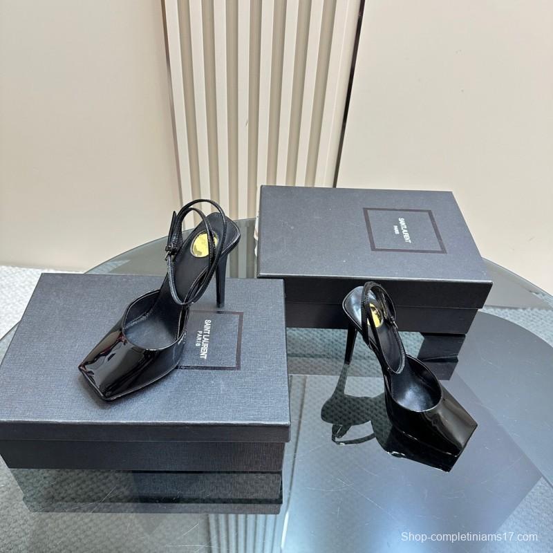 2025 Women Yves Saint Laurent Black Patent Leather High Heel Sandals