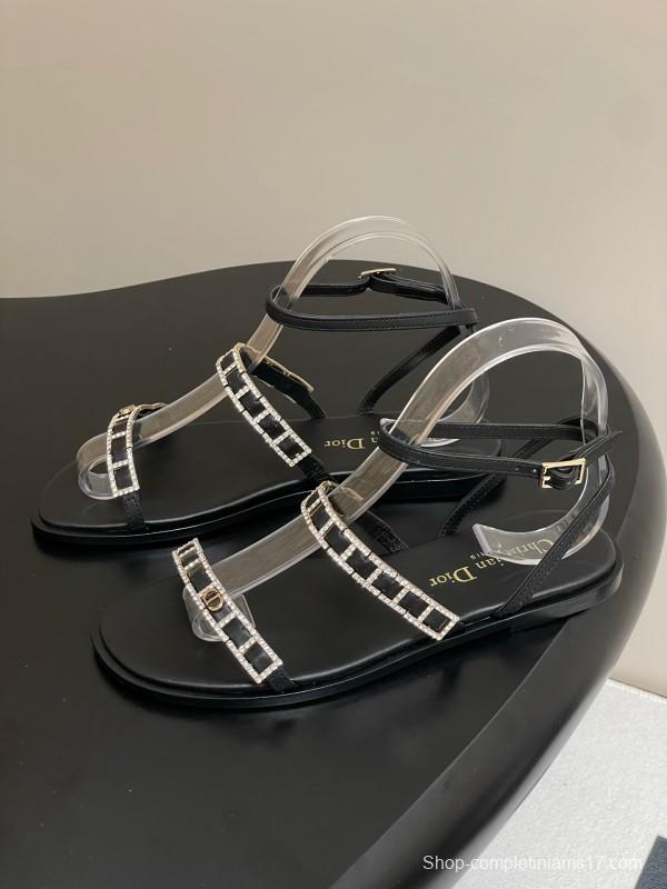 2025 Women Dior Black Crystal Embellished Leather Flat Sandals