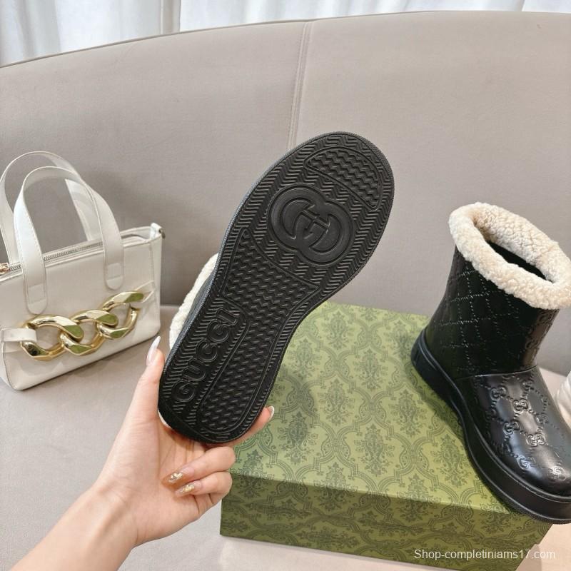 2024 Women Gucci black leather shearling snow boots MJ00350