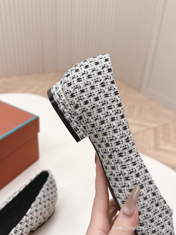 2025 Women Le Parmentier Black White Tweed Leather Pointed Toe Loafers