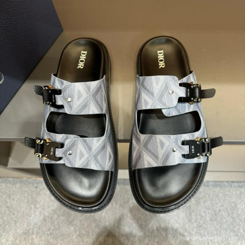 2024 Men Dior Grey Canvas Leather Sandals Buckle