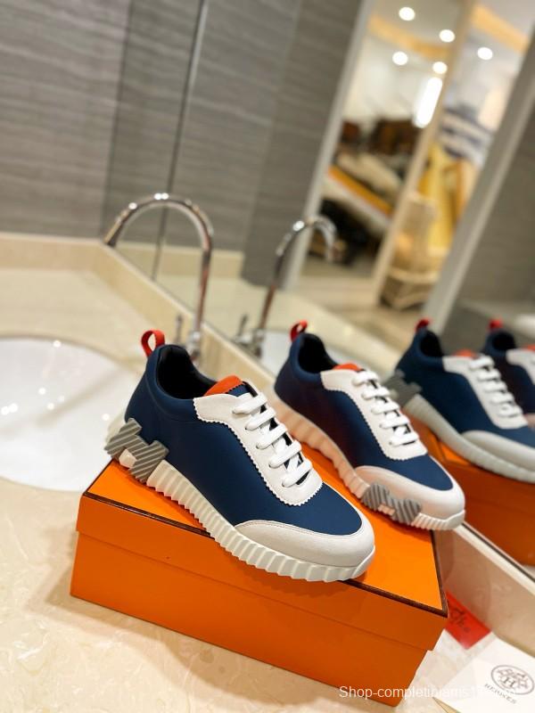 2024 Unisex Hermès Blue White Orange Imported Silk Lambskin Nubuck Sneakers MJ00320