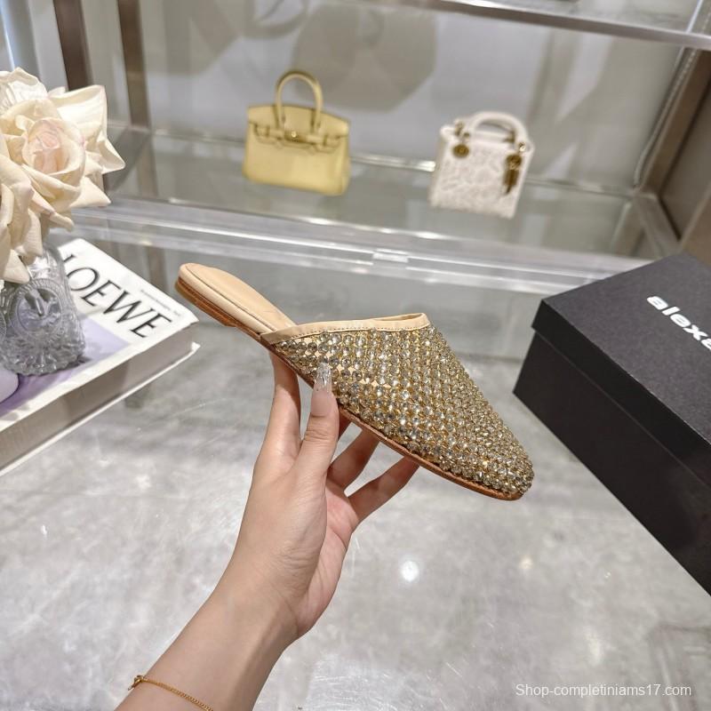 2025 Slippers Alexander Wang Beige Crystal Beaded Leather Slippers LY00310