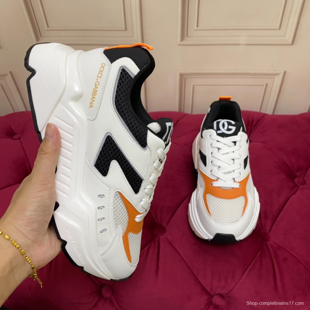 2025 Unisex Dolce & Gabbana White Black Orange Leather Lycra Sneakers LY00330(F)/LY00340(M)