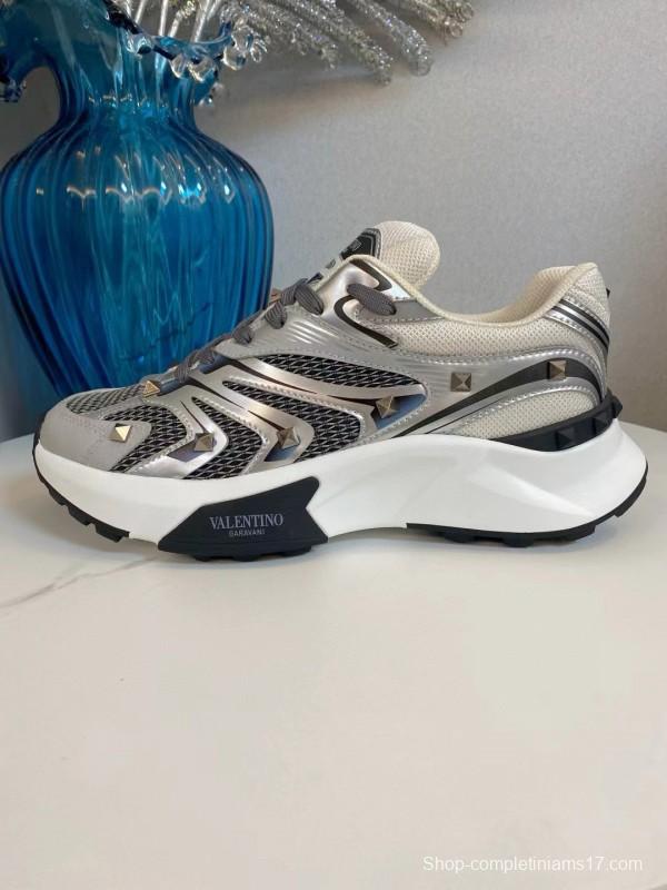 2024 Unisex Valentino White Black Grey Mesh Leather Sneakers MJ00410