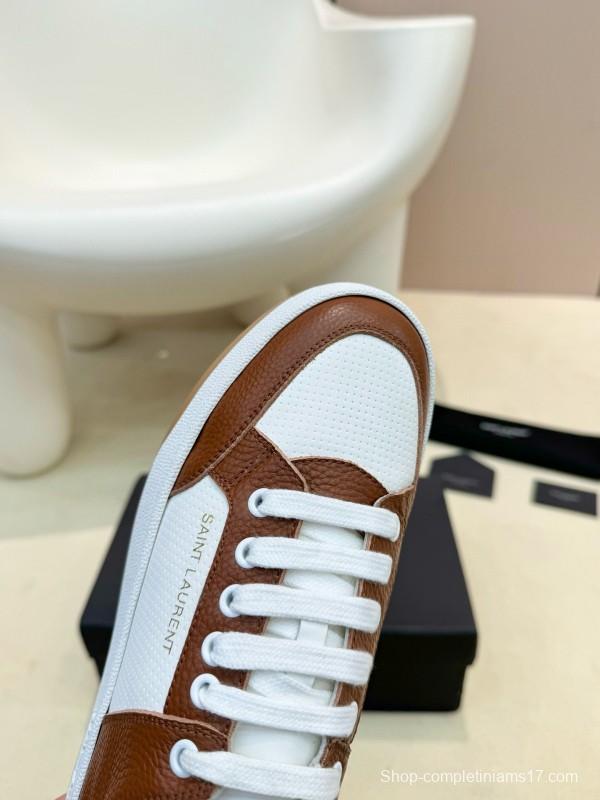 2024 Unisex Yves Saint Laurent White Brown Leather Canvas Sneakers MJ00350
