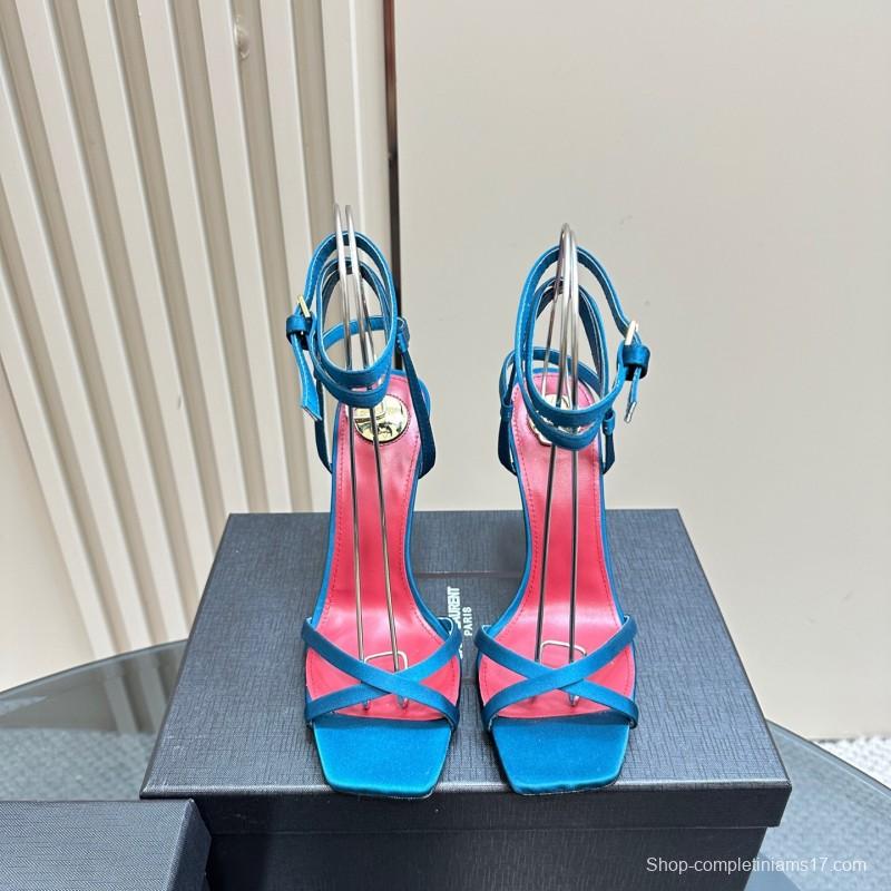 2025 Women Yves Saint Laurent Blue Silk High Heel Sandals KFY00290