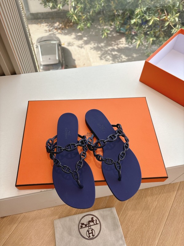 2025 Women Hermès Purple Rubber Chain Thong Sandals LY00360(F)