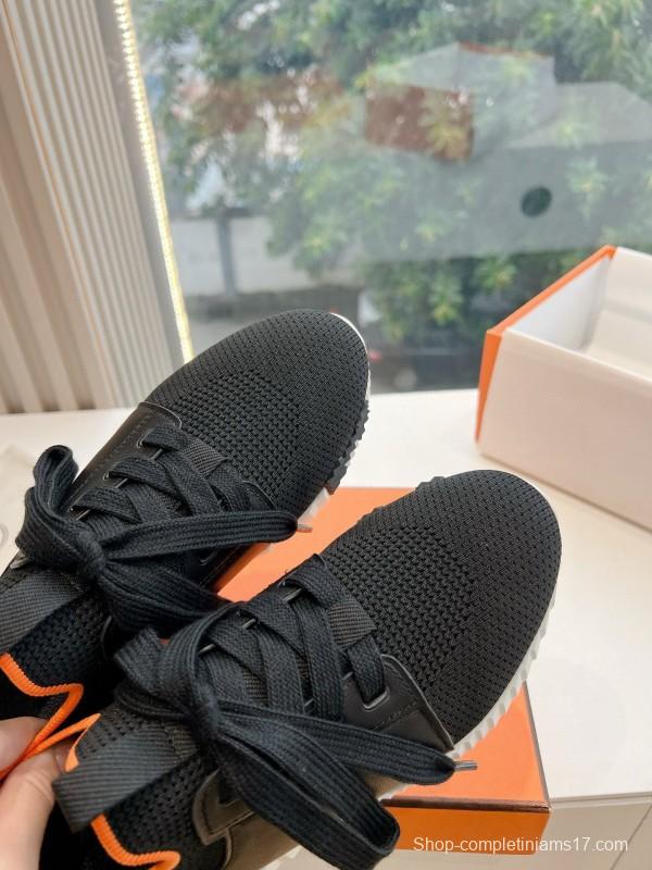 2024 Unisex Hermès Black Orange Knit Sneakers