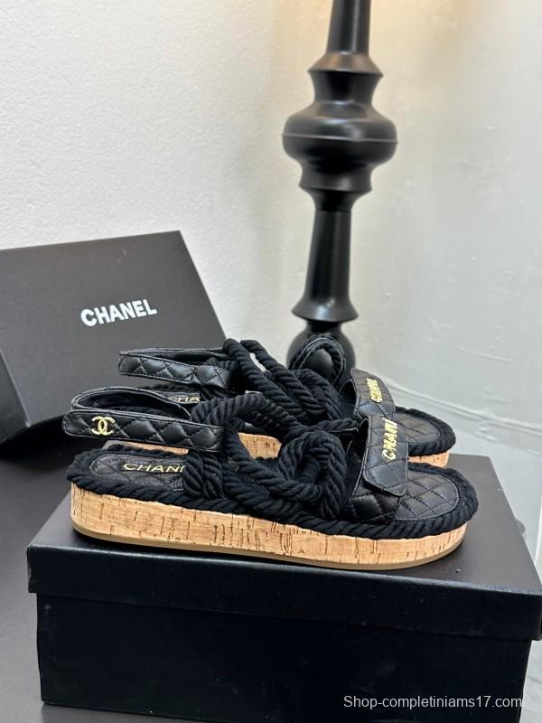 2025 Slippers Chanel Black Rope Leather Sandal LY00260