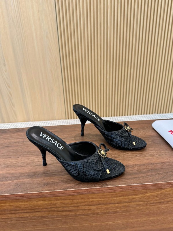 2025 Women VERSACE Black Leather Mule Heels LY00250
