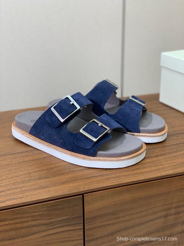 2025 Unisex Brunello Cucinelli Blue Suede Leather Slippers KFY00250