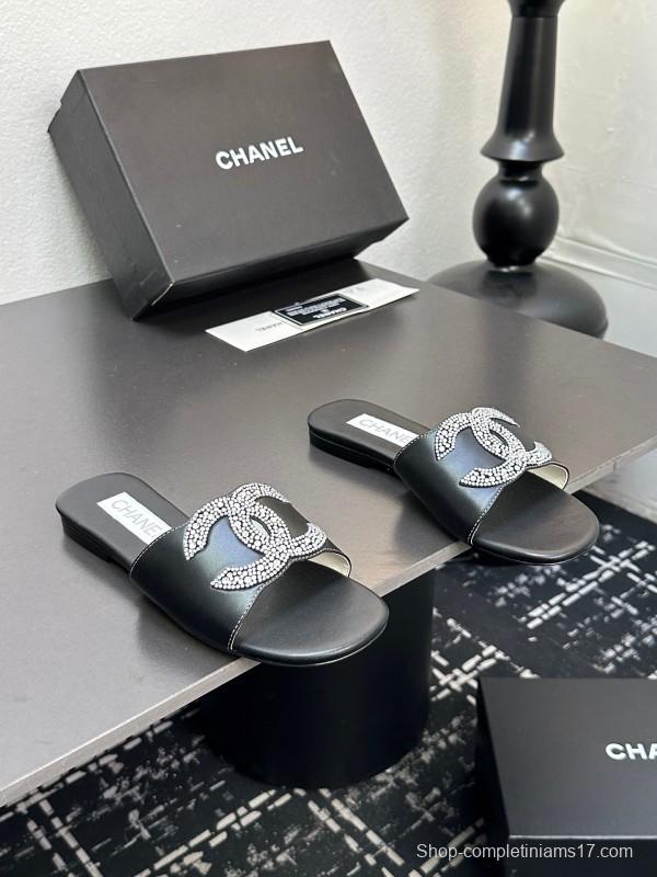 2025 Women Chanel Black Leather Rhinestone Logo Slide Sandals LY00360(F)