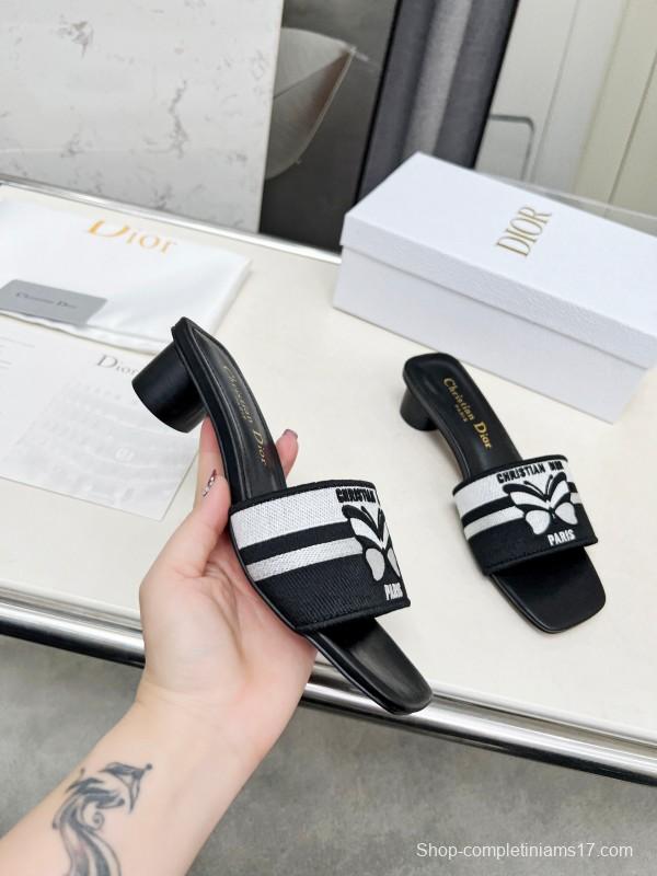 2025 Women Dior Black White Fabric Leather Mid-heel LY00200