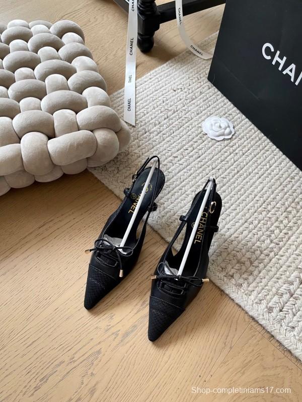 2025 Women Chanel Black Leather Slingback Bowknot Pumps KFY00320