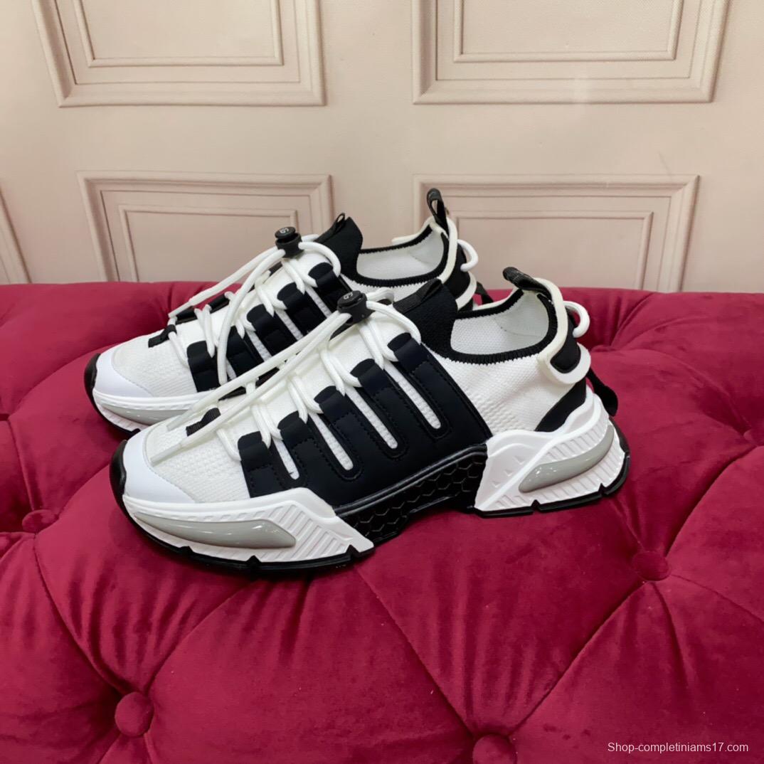 2025 Unisex Dolce & Gabbana Black White Mesh Leather Sneakers LY00340