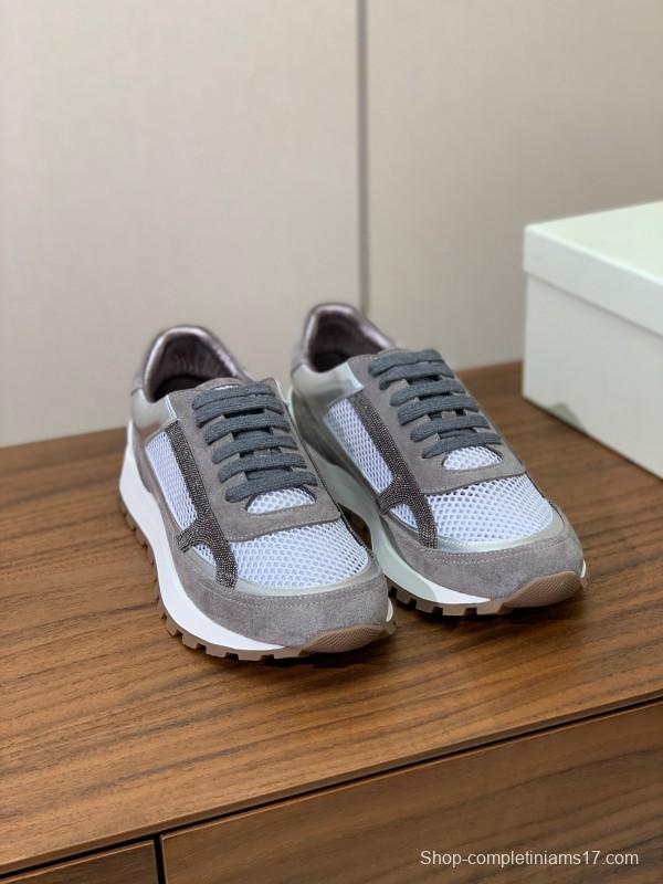 2025 Unisex Brunello Cucinelli Grey White Suede Mesh Leather Sneakers Handcrafted Beaded Chain KFY00310