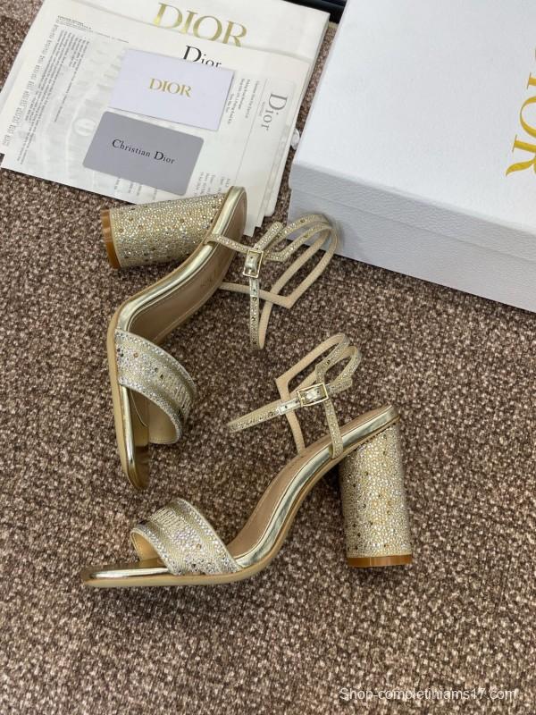 2025 Women Dior Gold Crystal Embellished Leather Sandals KFY00320
