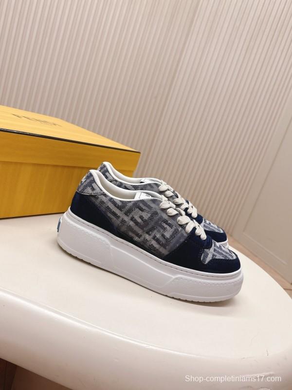 2025 Women Fendi Navy Grey Leather Canvas Sneakers LY00340