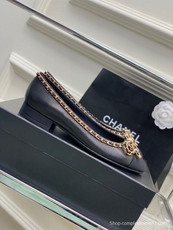 2025 Women Chanel Black Gold Leather Ballet Flats
